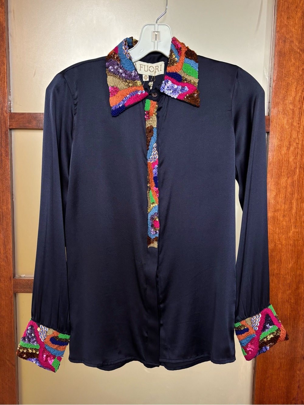 LA FUORI Navy Silk Button-Down Shirt with Multicolor Sequin Trim